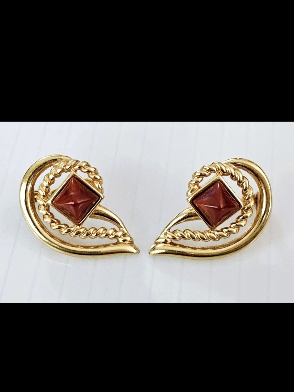 Vintage Monet Gold Tone Clip-On Earrings Red Lucite Stone Mid-Century Estate